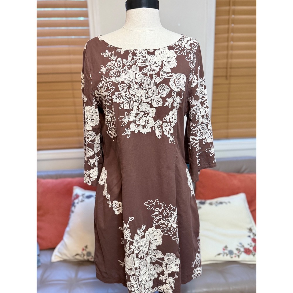 Liza Byrd Brown Cotton Floral Embroidered Bell Sleeve Shift Dress Large